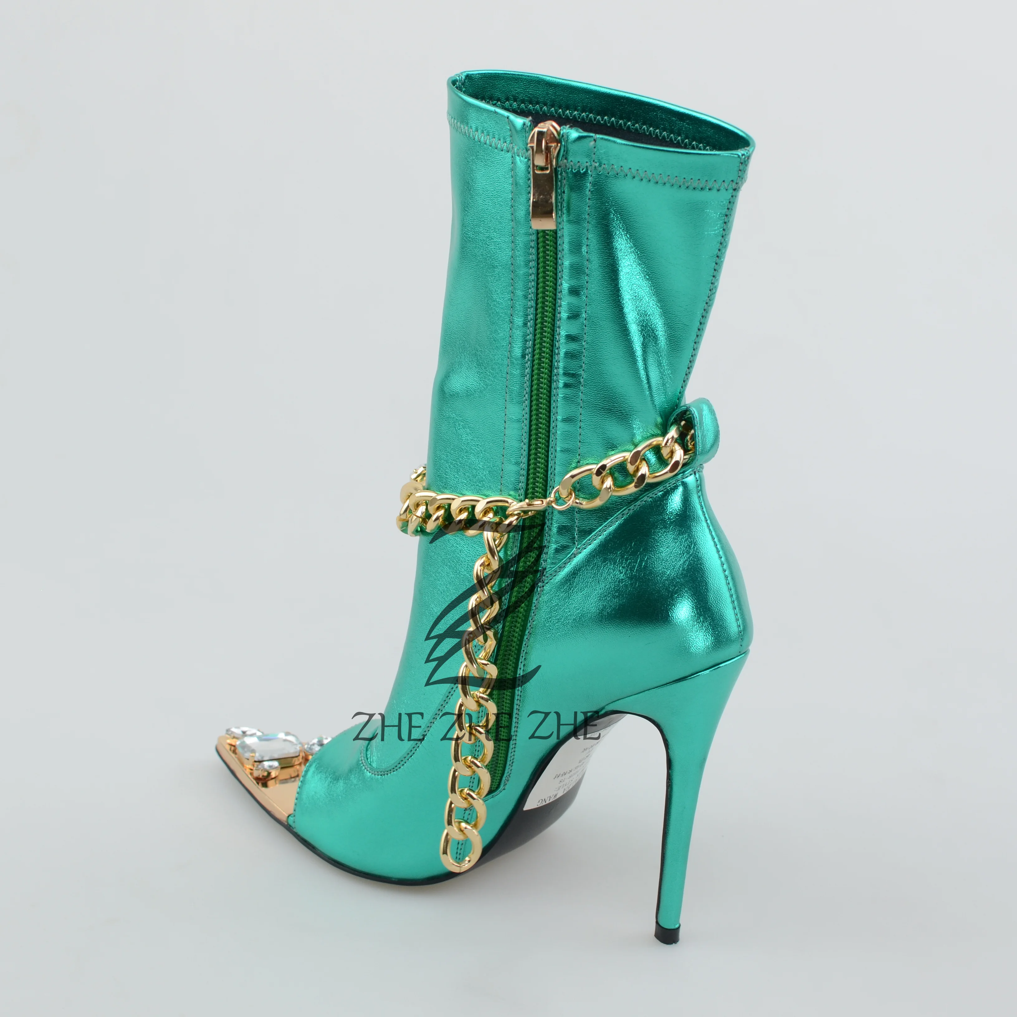 Luxury Green Pointed Toe Stiletto High Heel With Diamond Decorated Open