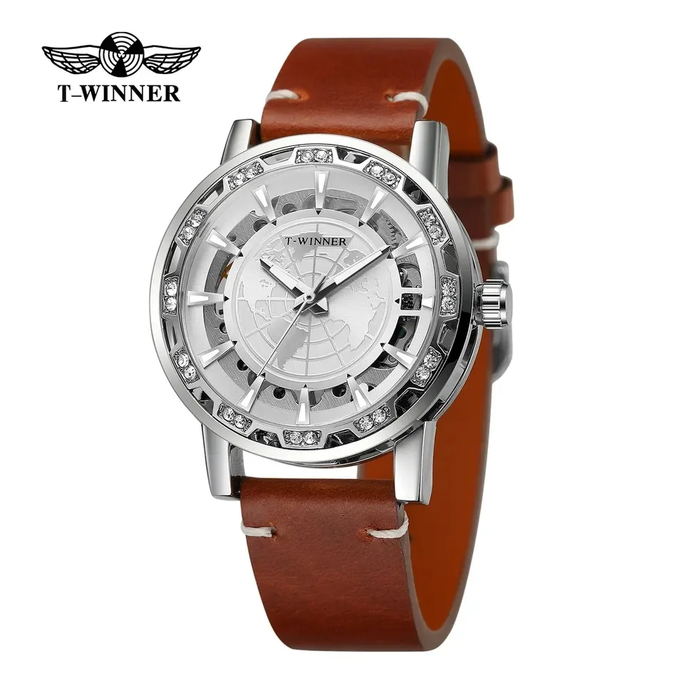 WINNER Mechanical Watch for Men Business Classic Diamond Watches Luxury Genuine Leather Strap Waterproof Golden Wristwatches
