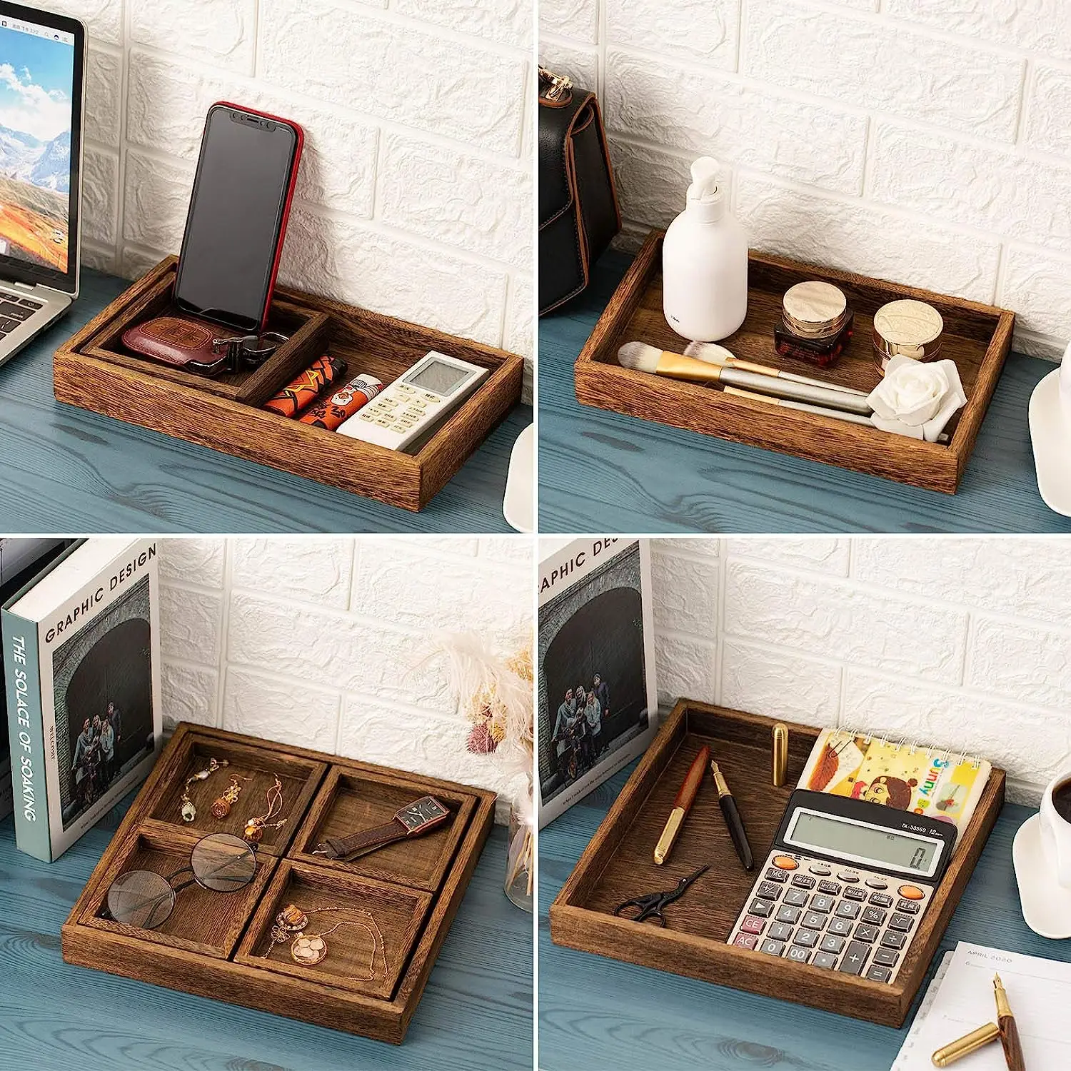 Solid Wood Service Tray With Handle Solid Wood Tray Set Brown Rectangle