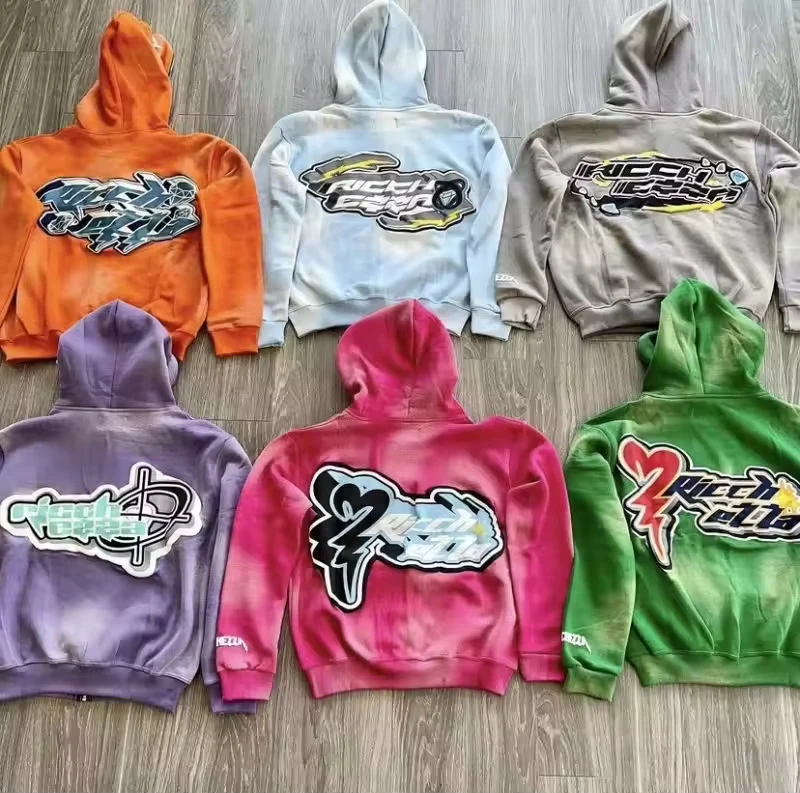 Custom Logo Men Unisex Casual Autumn Tracksuit Sweat Suit Jogger Set Vintage Full Zip Hoodies Acid Wash Polyester/Cotton Quick gallery 3