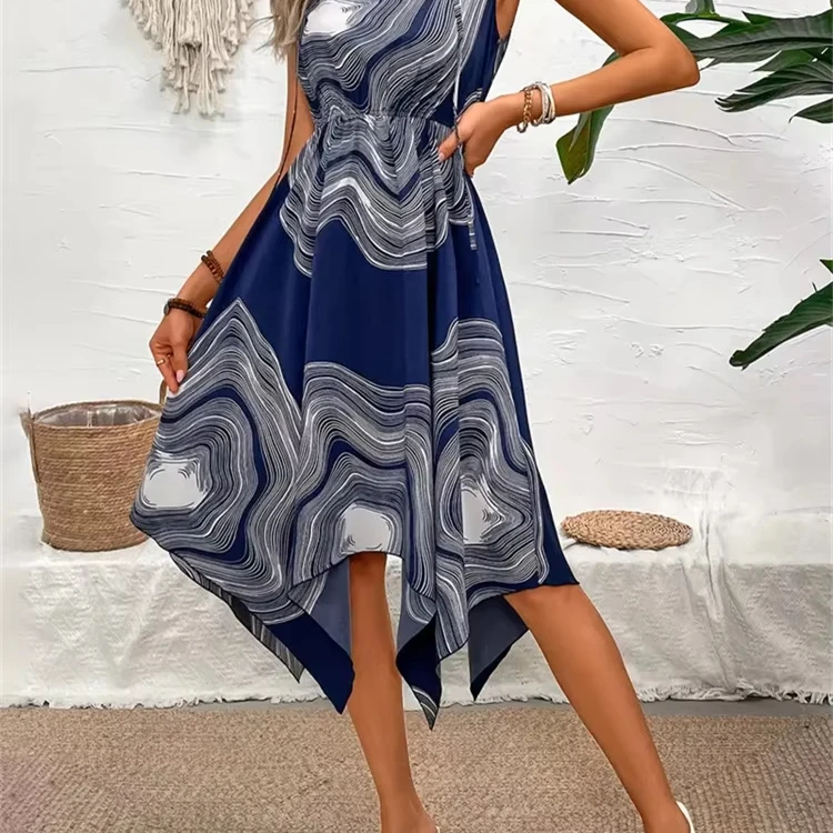 Women's Elegant Design Sense Irregular Hem Sleeveless Strap Bow Nature  Texture Print Romantic Holiday Ladies Dress