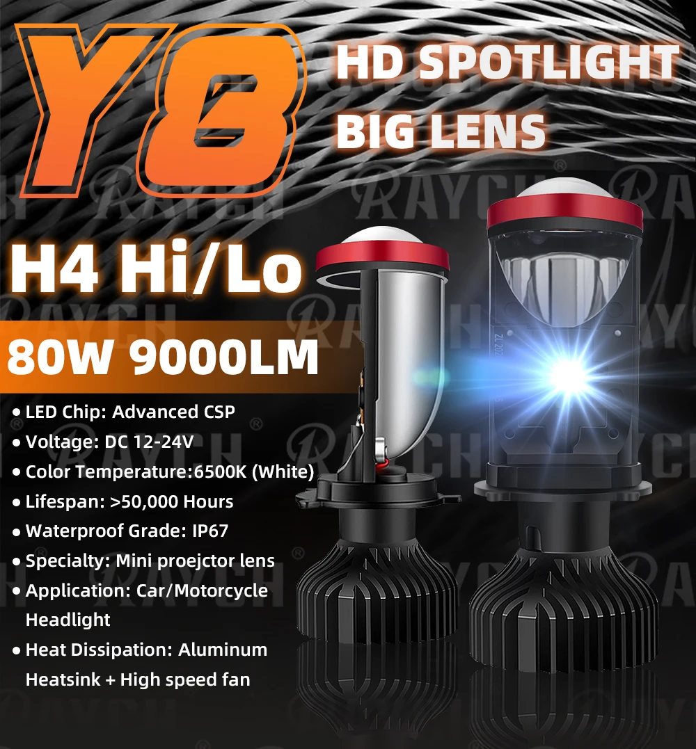 Y8 Projector Led Lens Mini Y8 Car Led Headlight H4 80W 9000LM High Low Beam Tur Bo H4 LED Headlights Canbus for Motorcycle Car