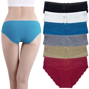 Women's Plus Size Sexy Breathable Ice Silk Seamless Hipster Panties Low-Rise Lace Solid Color Knitted Weaving Waist