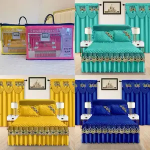 5 Pieces Quilted Bed Skirt Set Customized 100% Cotton Bedspread Bedding Skirt Set with Curtains Printed in Stock Bed Sheet Set