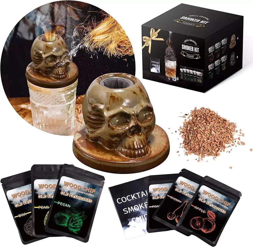 Деревянные чипсы с 10 вкусами, старомодный напиток, коктейльный коптильный набор с камнями для виски и черепом