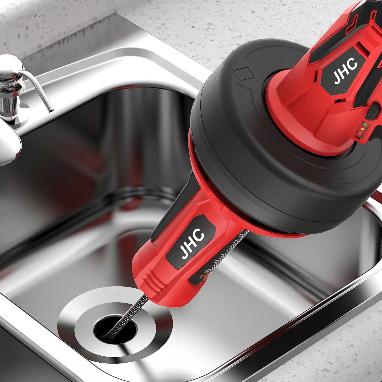JHC 12V Lithium Ion Cordless Automatic Feed Drain Cleaner for Toilet Sewer and Kitchen Pipe Cleaning