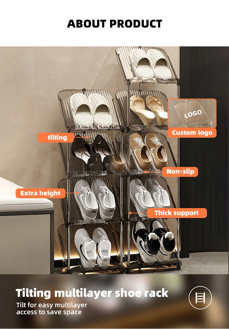 Wannuo Modern Clear Shoe Rack Transparent Plastic PET Design Water Ripple Stackable Stainless Steel Shoes Organizer factory