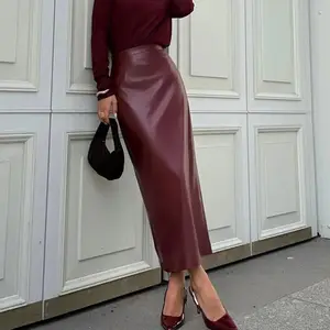Ladies Autumn Clothing Sexy Slim PU  leather Mini Tight Drawstring Leather Summer Women Midi Long Skirt