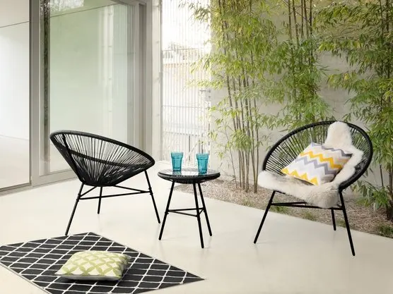 2 Seater Bistro Set Multi-Color Rattan Wicker Acapulco Lounge Chair With Woven Basket String Moon Chair and Glass Table