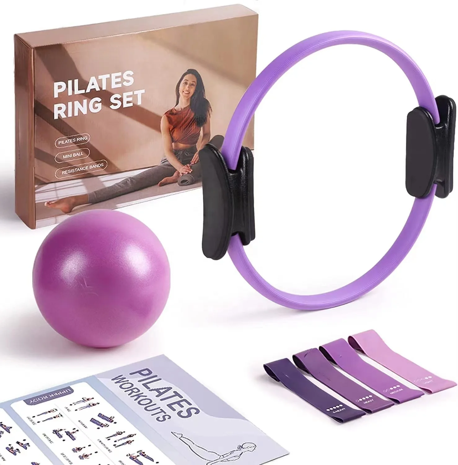 L0075 OEM/ODM Yoga Fitness Magic Circle Pilates Ring for Toning Thighs, Abs and Legs with Resistance Bands and Mini Ball  Set