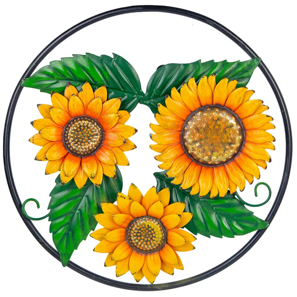 Three Sunflowers Wall Hanging, Outdoor Metal  for  Porch Fence with Chain