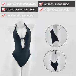 Women's Black Halter Neck Studded One-Piece Swimsuit Deep V Backless Bathing Suit