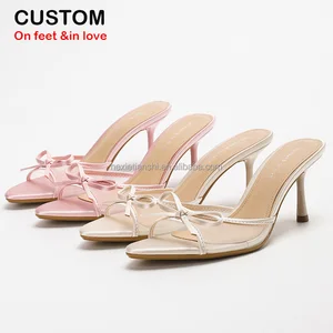 4302A-65 Summer Breathable Sexy and Fashionable Lace Bow Decor High-heeled Sandals Women Mule slippers