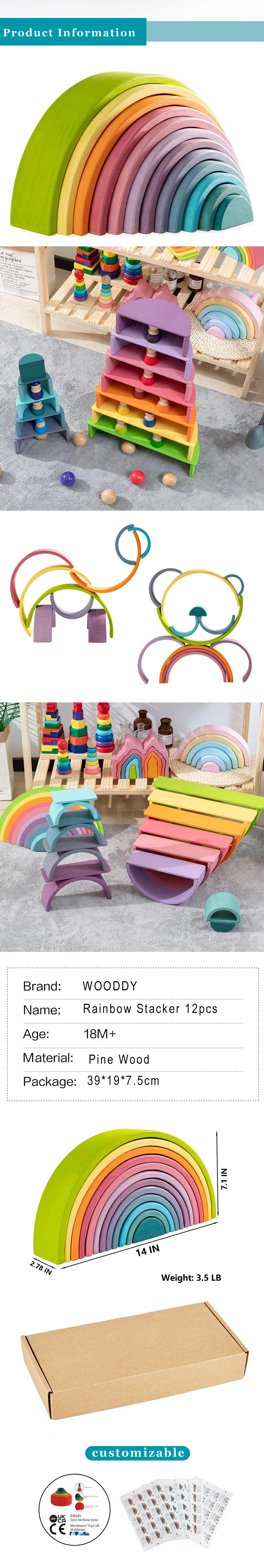 UK 12-Piece Wooden Rainbow Building Stacking Blocks Baby Toddler Montessori Toy 