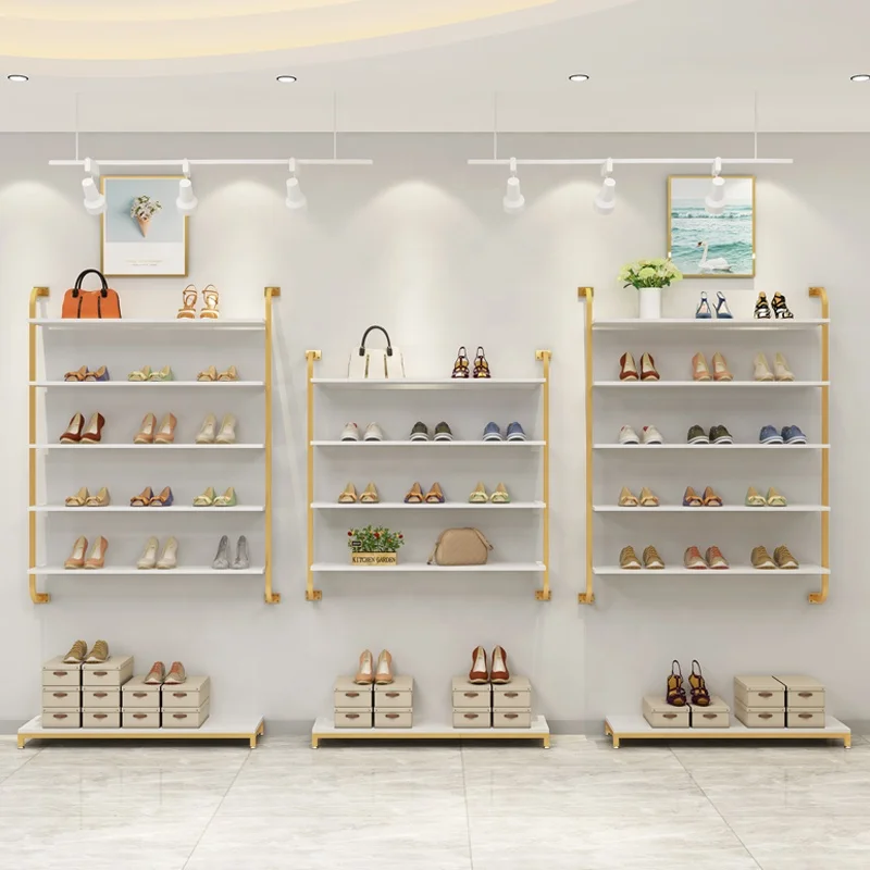 Boutique Gold Shoes Display Shelf Shoesa and Bag Showroom Design