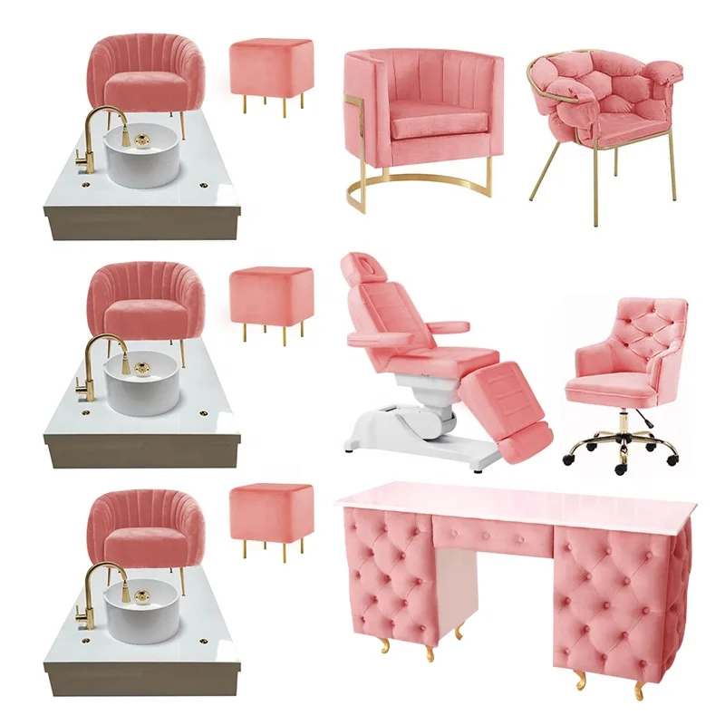 Beauty Nail Salon Furniture Sets Pink Manicure Tables And Pedicure