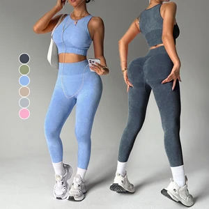 Custom Logo Washed Fitness Set Woman Quick Drying Sportswear Seamless High Waist Hip Lifting Breathable Workout Activewear Sets
