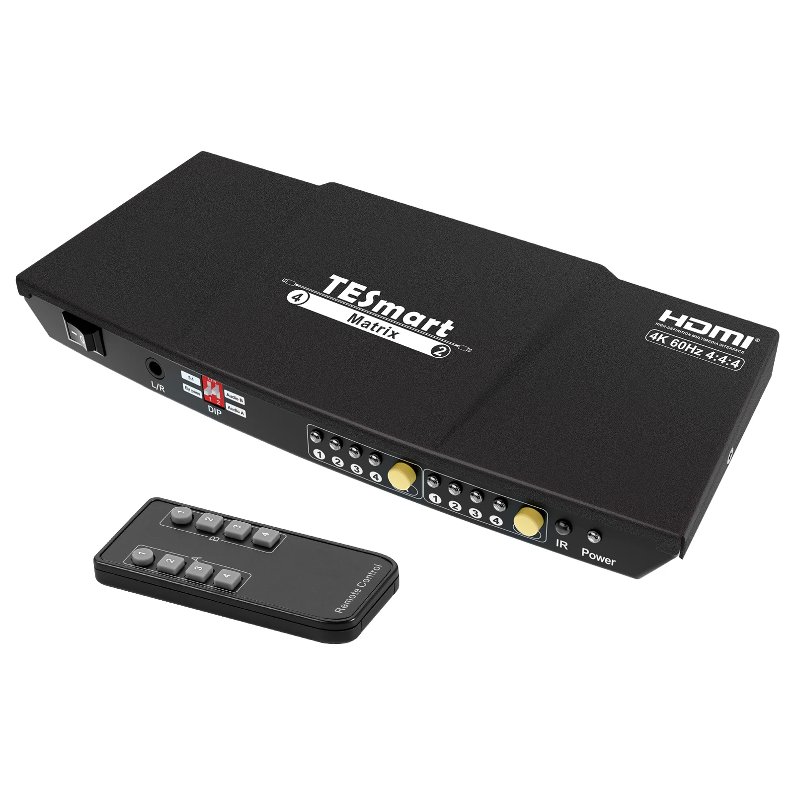 Matriz de comutação HDMI TESmart 4x2 4K 60Hz com saída de áudio auxiliar L/R, suporte a emuladores HDCP 2.2 e EDID._voghion.com