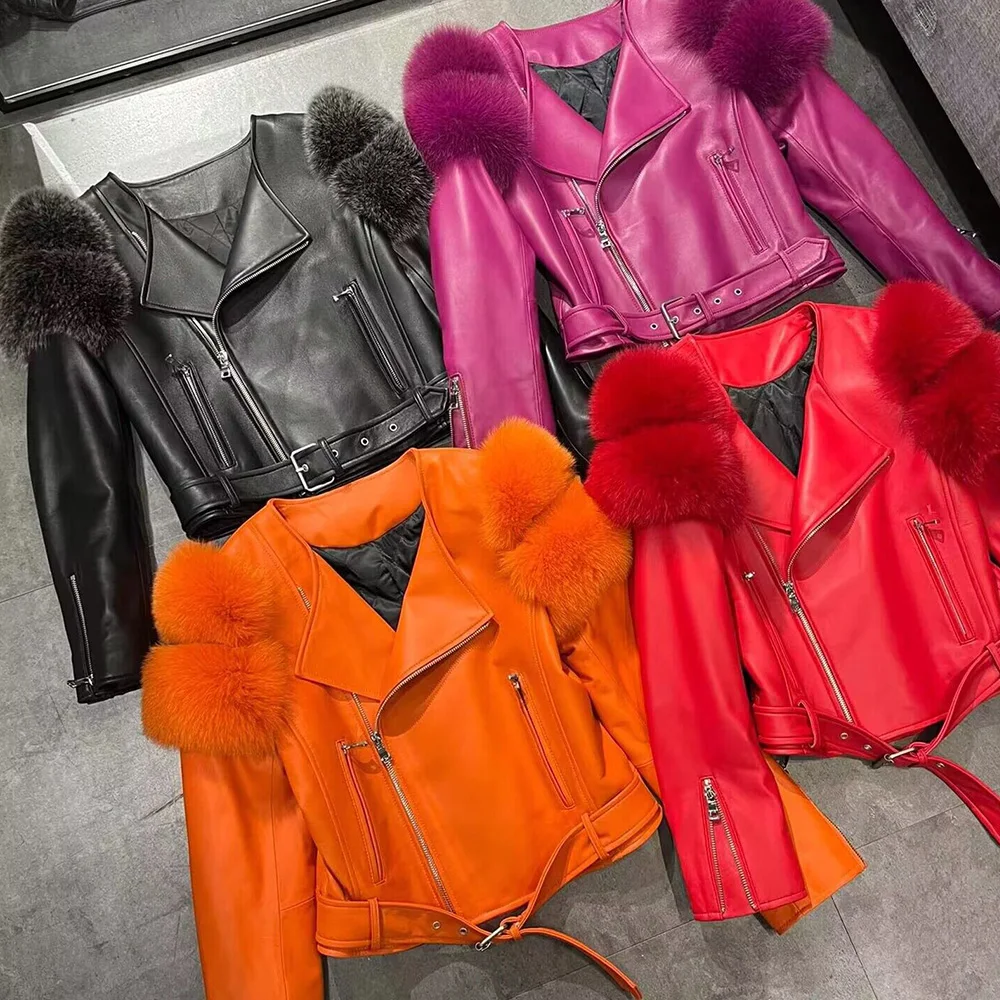 STRAWBERRY New Arrive Design Short Style Leather Fur Jacket Warm Fox Fur Coat for Women