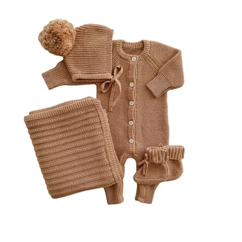 Boutique Newborn Baby Clothing Gift Set Thickened knit With Bonnet And Blanket Oem 4-piece Pure Cotton Baby Girl Sweater Suit