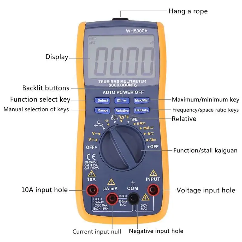 WH5000A Digital Multimeter 6000 Counts with USB Interface Auto Range with Backlight Magnet hang AC DC Ammeter Voltmeter Ohm
