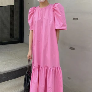 Boutique Wholesale Summer 2026 New Fashion Casual Round Neck Korean Style Puff Sleeves Solid Color Ruffled Cotton Women's Dress