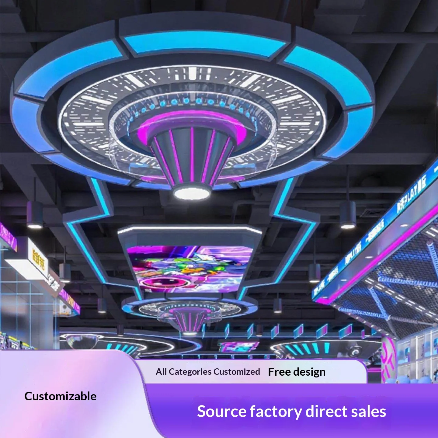 Ruang Pengalaman VR Alien Arcade, Ruang Permainan, Kota Anime, Klub Esports, Lampu Gantung Suasana Hiburan, Gaya Industri, LED, Besi