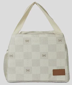 Corduroy Insulated Lunch Bag with PEVA Lining, Stylish Thermal Tote with Bow Pattern & Mesh Pocket for Picnic/Work