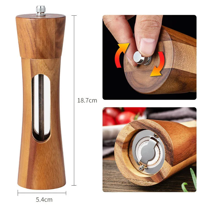 Adjustable Wooden Spice Herb Mill with Acrylic Visible Window Seasoning Grinding Manual Ceramic Salt Pepper Mills