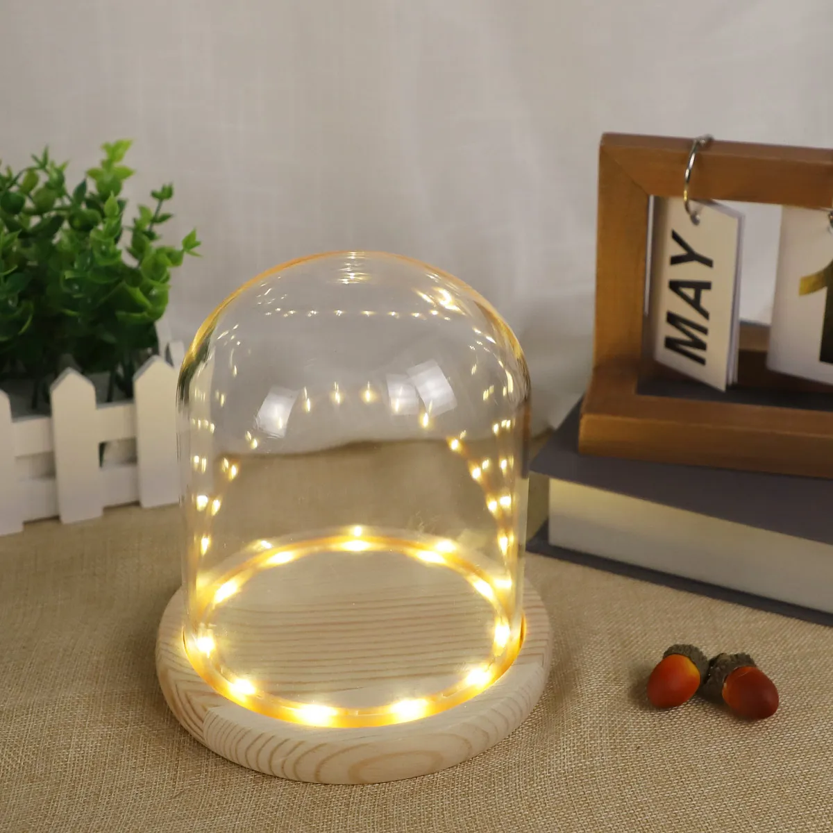 Blown clear glass domes with wooden base for wedding glass cloche LED lamp lighting base decorative gift for Christmas holiday