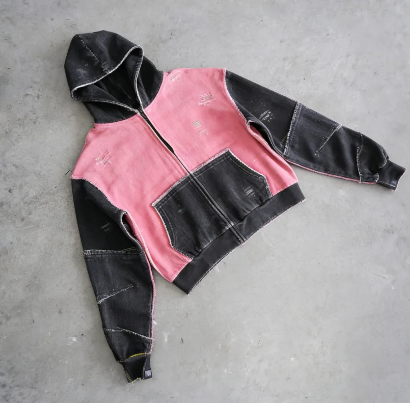 SALATI HighQuality Custom Designer Embroidery Plaid Acid Wash Oversized Color Blocked Oversized Zipper Waffle Flannel Men Hoodie