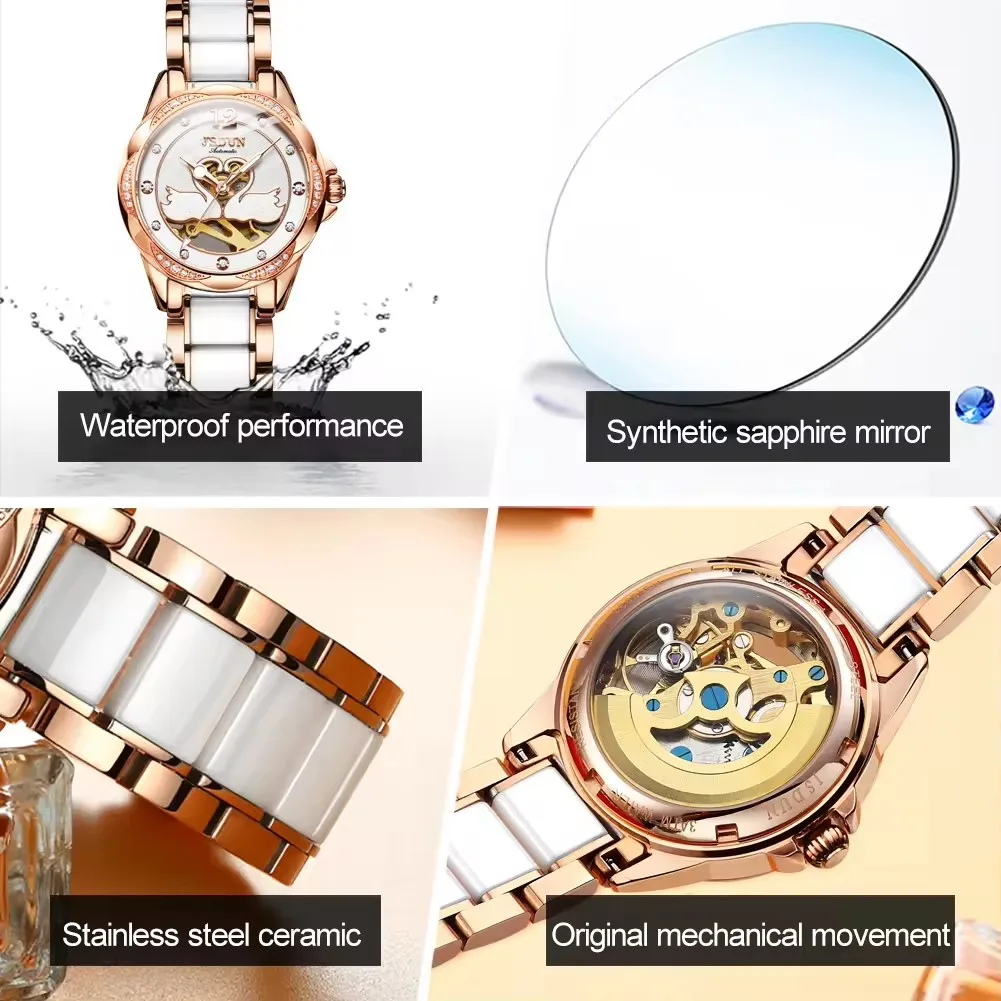 Jsdun 8831 Automatic Mechanical Hollow Out Women Watches Elegant High Quality Strap Stainless Steel Waterproof Ladies Wristwatch