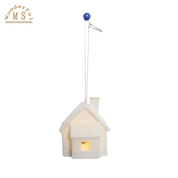 White Mini Hanging LED Light House and house candle holder for tealight  Christmas Ornament with high quality porcelain material