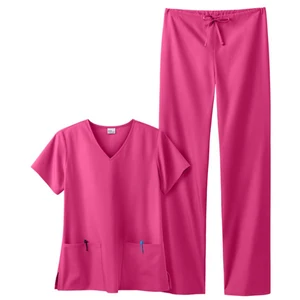 V-Neck Womens Scrubs Top Nurse Workwear with Jogger Pants Rib-Knitted Feet Ankle