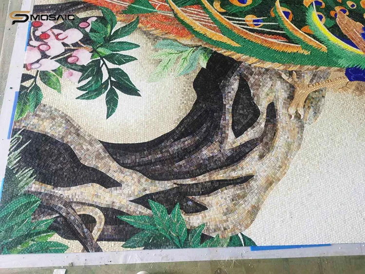 Peacock Pattern Wall Background Design Art Murale Mosaic Customized Beautiful Bird Murale Hand Cutting Mosaic Interior Decor
