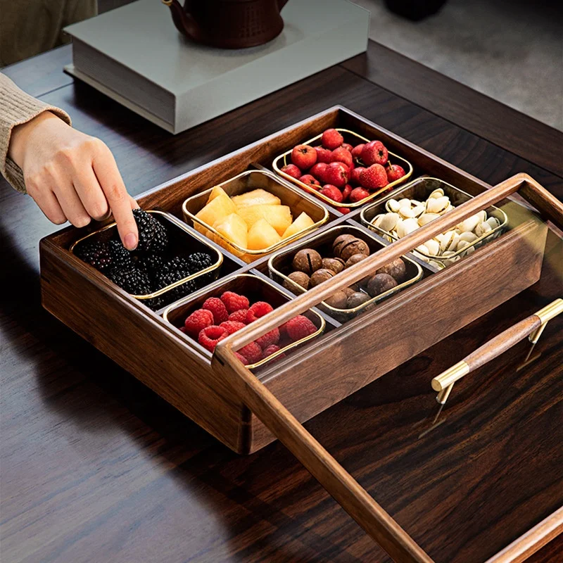 BSCI Factory Custom Chinese Style Nuts Trays With Compartments Walnut Wooden Serving Tray for Snacks