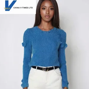 China V-times 2026 Women's Winter New V-Neck Blue Knitted Sweater Knitwear Korean Style Flower Womens Clothing