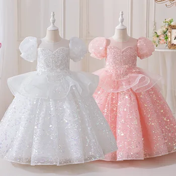 Niche Luxury Kids' Piano Performance Dress for Girls O-Neck Collar Pink Princess Style Age Group Children for Birthday Accessory