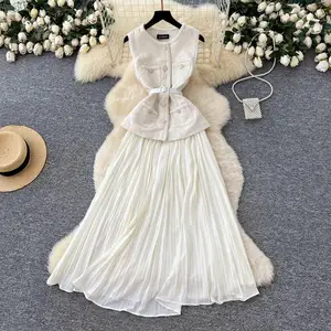 Summer Roman Empire Dress for Women Pleated Maxi Tunic with Sequined Decoration Breathable Woven Splice Fit Patchwork Pattern