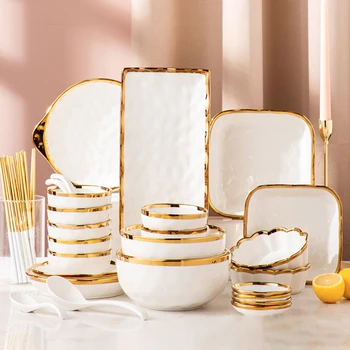 Nordic White Ceramic Dinner Plate Porcelain Dinnerware Gold Rim Hotel Dinner Set