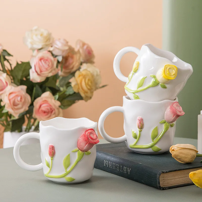 SYL Korean Design 3D Rose Relief Ceramic Water Cup Mug