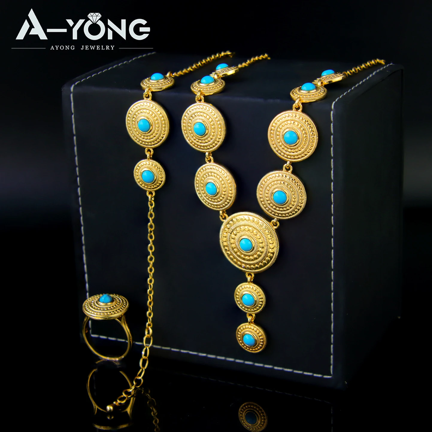 High End Designer Dubai Elegant Ladies Necklace Set Turquoise 24K Gold  Bride Jewelry Set for Wedding