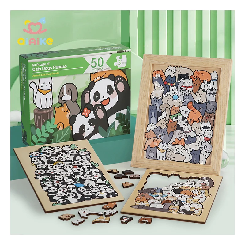 Custom 3 in 1 Animal Wooden Puzzle Jigsaw Toys Panda Cats Dogs Educational Puzzle for Kid Boys Girls Gifts Christmas Decoration