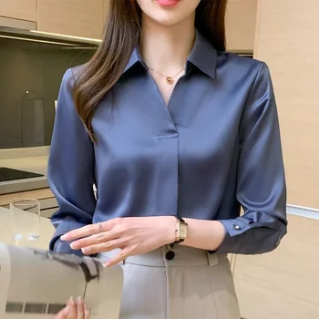 Autumn New Style V-Neck Plain Simple Temperament Blue Long-Sleeved Blouse Satin Fashion Casual Outer Wear Women's Blouse