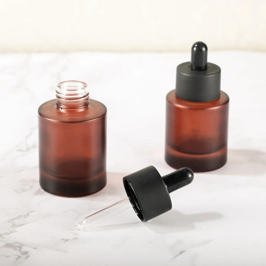 Empty Refillable 1 oz 30ml 40 ml Thick Base Round Amber Glass Serum Bottle Essential Oil Dropper Bottle with Double Wall Cap