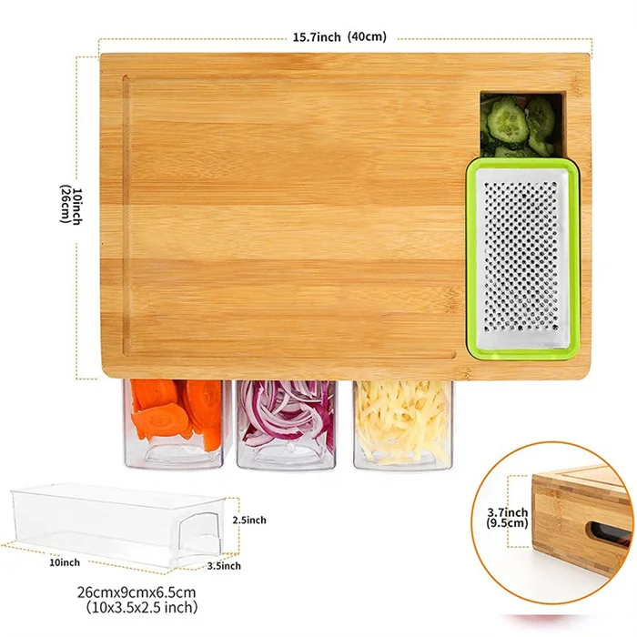 BAMBOO LAND Large bamboo cutting board with trays/drawers/container and  bamboo lids, Chopping board with juice grooves, handles & food