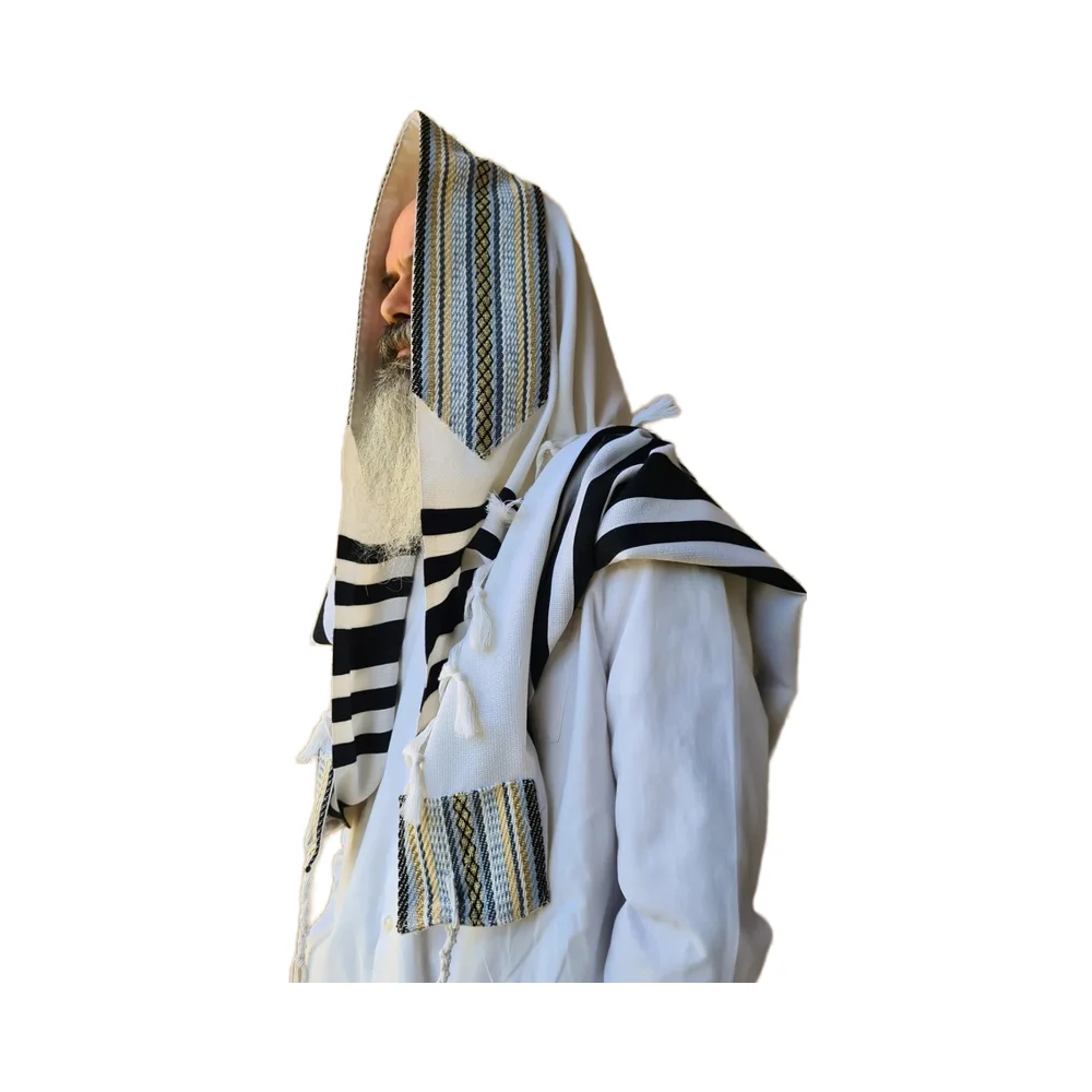 Jewish Non-Slip Wool Prayer Shawl Kosher Certified Anti-Slip Wool Tallit in White Textured Scarf
