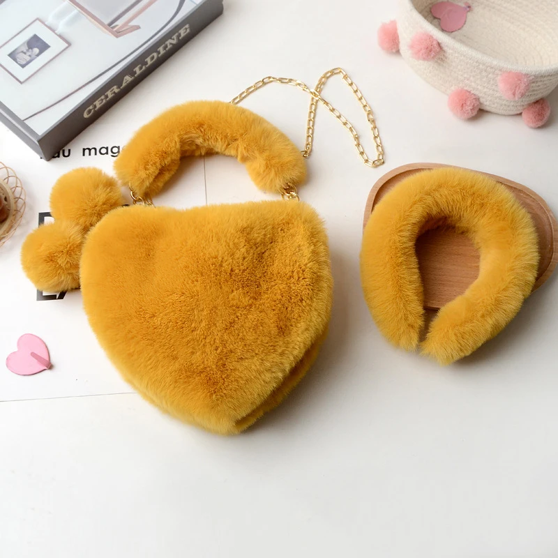 Fur Heart Purse Headband Set Vendor 2021 Faux Fur Purse Bags Designer Lady Cute Heart Shaped
