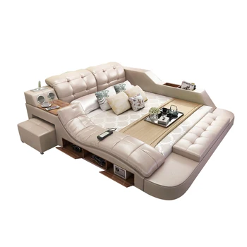 Home Furniture Leather Double Beds Frame with Speakers and Storage White Color Tatami Smart Storage Beds