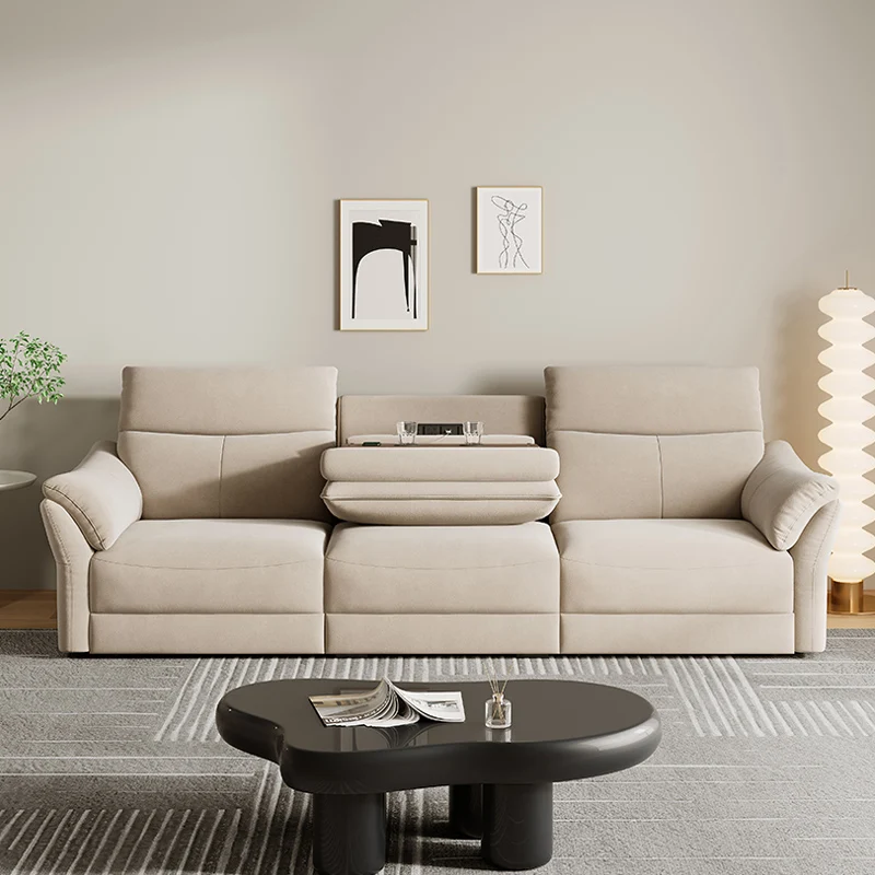 Modern Simple Small Space Living Room Recliner Electric Sofa Smart with Cup Holder with USB 3 Seater Khaki Fabric Recliner Sofa